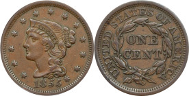 1855 Braided Hair Cent. N-9. Rarity-1. Slanting 5s, Knob on Ear. EF-45 (ANACS).

PCGS# 403958. NGC ID: 226M.
