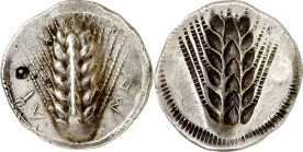 (540-510 a.C.). Italia. Metaponto. Tridracma. (S. 235 var) (CNG. I, 1027). Contramarca en anverso. Bella. Ex ANE 07/05/1991, nº 41. 8,17 g. EBC-.