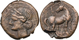 Zeugitana. (s. III a.C.). Cartago. AE 22. (S. 6514 sim) (SNG. Copenhague 317-319). Trozos de metal saltados en reverso. Grietas. 7,11 g. (MBC).