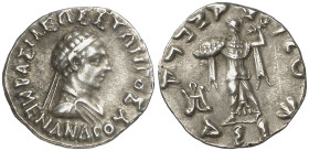 Reinos de Bactria e Indogriegos. Menandro I (155-130 a.C.). Pushkalavati. Dracma. (S. 7600 var) (CNG. XII, 191 var) (Mitchiner A. & C. W. 1769). Ex Áu...