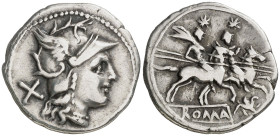 (169-158 a.C.). Anónima. Denario. (Bab. 20) (S. 20n) (Craw. 182/1). Ex Áureo & Calicó 11/12/2014, nº 2052. 3,46 g. MBC.