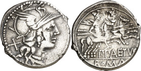 (hacia 138 a.C.). Gens Aelia. Denario. (Bab. 3) (Craw. 233/1). ¿Contramarca? en anverso. 3,76 g. MBC.