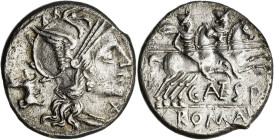 (hacia 146 a.C.). Gens Antestia. Denario. (Bab. 2) (Craw. 219/1a). Campos algo repasados. Raya en reverso. 3,66 g. (MBC+).