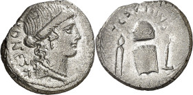 (hacia 46 a.C.). Gens Carisia. Denario. (Bab. 1) (S. 1b) (Craw. 464/2). Oxidaciones limpiadas. 3,58 g. (MBC).