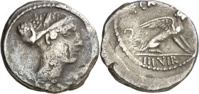(hacia 46 a.C.). Gens Carisia. Denario. (Bab. 11) (Craw. 464/1). Reverso descentrado. 3,43 g. MBC-.