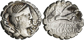 (hacia 79 a.C.). Gens Claudia. Denario. (Bab. 6) (Craw. 383/1). Rayas en reverso. 3,51 g. BC+.