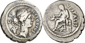 (hacia 41 a.C.). Gens Claudia. Denario. (Bab. 13) (Craw. 512/2). Contramarcas en anverso. Incisión en canto. 3,46 g. MBC-.