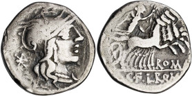 (hacia 118-117 a.C.). Gens Fabia. Denario. (Bab. 13) (S. 13a) (Craw. 283/1b). Raspadura en borde del anverso. 3,71 g. BC+.