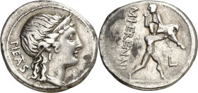 (hacia 108-107 a.C.). Gens Herennia. Denario. (Bab. 1) (S. 1a) (Craw. 308/1b). Oxidación limpiada en reverso. 3,83 g. MBC.