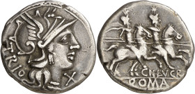(hacia 136 a.C.). Gens Lucretia. Denario. (Bab. 1) (Craw. 237/1). Punzonada en canto. Dos rayas en reverso. 3,88 g. (MBC+).