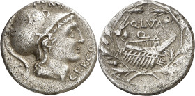 (hacia 109-108 a.C.). Gens Lutatia. Denario. (Bab. 2) (Craw. 305/1). Raspadura en reverso. Limpiada. 3,53 g. MBC.