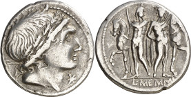 (hacia 109-108 a.C.). Gens Memmia. Denario. (Bab. 1) (Craw. 304/1). Contramarca en anverso. 3,78 g. MBC-.