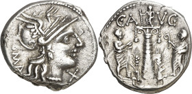 (hacia 135 a.C.). Gens Minucia. Denario. (Bab. 3) (Craw. 242/1). Hojas en anverso. Dos incisiones en reverso. 3,80 g. (MBC+).