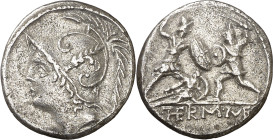 (hacia 103 a.C.). Gens Minucia. Denario. (Bab. 19) (Craw. 319/1). Metal poroso. 3,75 g. (MBC).