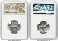 CALABRIA. Tarentum. Ca. 302-280 BC. AR didrachm (23mm, 7.89 gm, 2h). NGC Choice XF 4/5 - 4/5. Ape-, Ly-, and Philo-, magistrates. Nude youth on horse ...