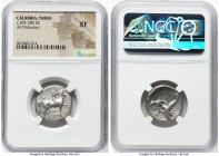 CALABRIA. Tarentum. Ca. 302-280 BC. AR didrachm (21mm, 10h). NGC XF. Arethon, Sa-, and Sas-, magistrates. Nude youth on horse stepping right, crowning...