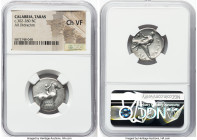 CALABRIA. Tarentum. Ca. 302-280 BC. AR didrachm (21mm, 7h). NGC Choice VF. Philiarchus, Sa-, and Aga-, magistrates. Nude youth on horse standing right...