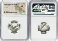 LUCANIA. Metapontum. Ca. 340-330 BC. AR stater (20mm, 1h). NGC VF. Ap- and Ph-, magistrates. Veiled head of Demeter right, hair tucked into barley wre...