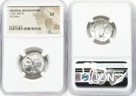 LUCANIA. Metapontum. Ca. 330-280 BC. AR stater (22mm, 7h). NGC VF. Atha-, magistrate. Head of Demeter left, hair falling loose in curls and over right...
