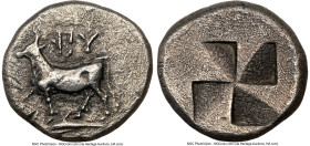 THRACE. Byzantium. Ca. 350-300 BC. AR siglos or drachm (17mm). NGC VF, edge cut. Cow standing left, right foreleg raised, on dolphin left; ΠY above / ...
