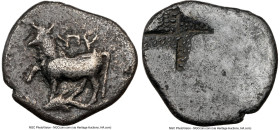 THRACE. Byzantium. Ca. 350-300 BC. AR half-siglos (15mm). NGC Choice Fine, brushed. Cow standing left, right foreleg raised, on dolphin left; ΠY above...