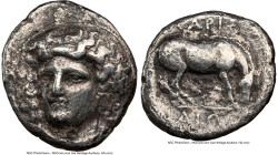 THESSALY. Larissa. 4th century BC. AR drachm (20mm, 11h). NGC Fine, scratches. Head of nymph Larissa facing, turned slightly left, wearing ampyx / ΛΑΡ...