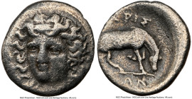 THESSALY. Larissa. 4th century BC. AR hemidrachm (15mm, 10h). NGC Fine. Head of nymph Larissa facing, turned slightly left, wearing ampyx / ΛΑΡΙΣ/ΑΙΩΝ...