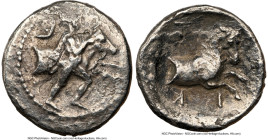 THESSALY. Tricca. Ca. 440-400 BC. AR hemidrachm (16mm, 3h). NGC VF, scratches. Thessalus standing right, nude save for chlamys over shoulders, holding...