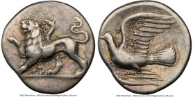 SICYONIA. Sicyon. Ca. 350-280 BC. AR triobol (16mm, 8h). NGC Choice Fine, die shift. Chimera standing left, raising right forepaw; ΣI below / Dove fly...