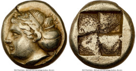 IONIA. Phocaea. Ca. 387-326 BC. EL hecte (10mm, 2.54 gm). NGC Choice VF 4/5 - 3/5, brushed. Laureate female head left, hair in saccos; seal right belo...