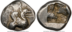 IONIA. Teos. Ca. 520-450 BC. AR hemidrachm (13mm, 3.07 gm). NGC VF 3/5 - 4/5. Griffin seated right / Incuse square with rough interior surface. SNG Co...