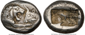 LYDIAN KINGDOM. Croesus (561-546 BC). AR third-stater (13mm, 3.53 gm). NGC VF 5/5 - 4/5. Croeseid standard, Sardes. Confronted foreparts of lion right...