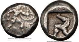 PAMPHYLIA. Aspendus. Ca. mid-5th century BC. AR stater (19mm). NGC Fine. Helmeted nude hoplite warrior advancing right, shield in left hand, spear for...