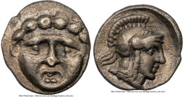 PISIDIA. Selge. Ca. 4th century BC. AR obol (10mm, 10h). NGC XF. Head of gorgoneion facing with protruding tongue / Head of Athena right, wearing cres...