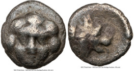 PISIDIA. Selge. Ca. 3rd-2nd centuries BC. AR hemiobol (7mm, 2h). NGC Choice Fine. Head of gorgoneion facing / Lion head right; astragalus below. SNG F...