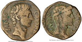 Octavian, as Imperator (43-27 BC), with Divus Julius Caesar. AE sestertius (27mm, 14.10 gm, 8h). NGC Fine 4/5 - 4/5, adjusted flan. Uncertain mint, po...