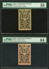 Japan Ministry of Finance 10 Sen; 1/2 Yen ND (1872) Pick 1; 3 PMG Choice Uncirculated 64; Choice Very Fine 35. A pretty pair of vertical banknotes, ea...