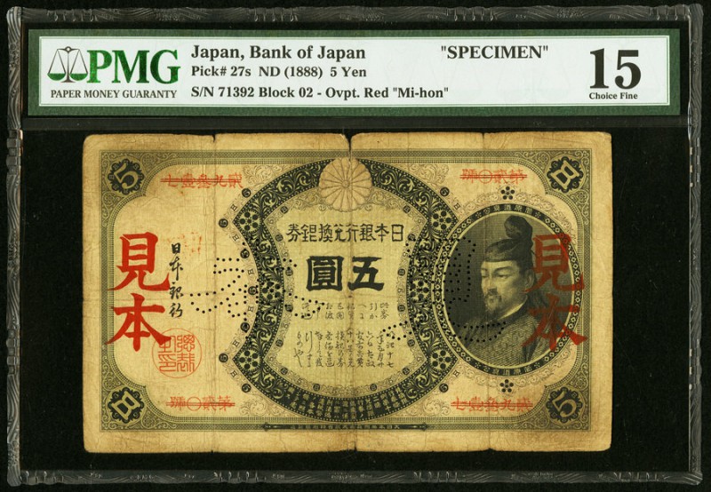 Japan Bank of Japan 5 Yen ND (1888) Pick 27s JNDA 11-28 Specimen PMG Choice Fine...