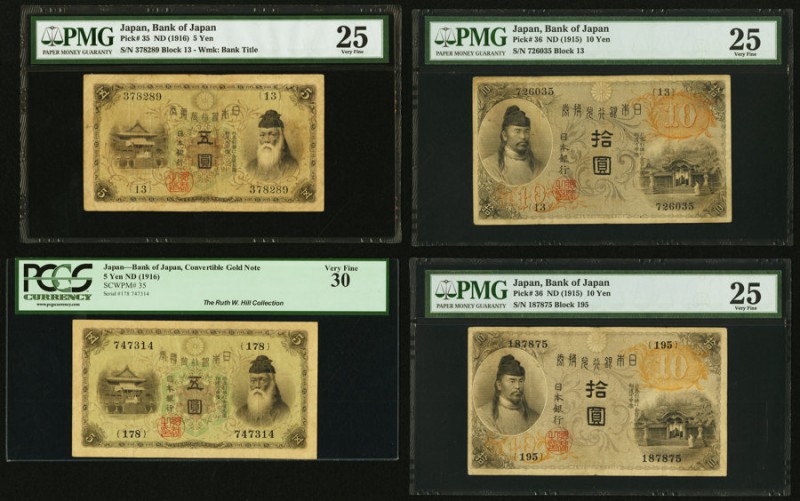 Japan Bank of Japan 5 (2); 10 (2) Yen ND (1915; 1916) Pick 35 (2); 36 (2) Four E...
