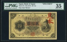 Japan Bank of Japan 20 Yen ND (1917) Pick 37s Specimen PMG Choice Very Fine 35. A true Specimen with the block and serial number replaced by words, wi...