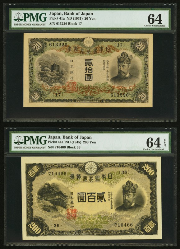 Japan Bank of Japan 20 Yen; 200 Yen ND (1931); ND (1945) Picks 41a; 44a Two Exam...