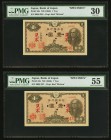 Japan Bank of Japan 1 Yen ND (1946) Pick 85s Specimen Pair PMG Very Fine 30; About Uncirculated 55. A pair of early 1 Yen Specimens with red "Mi-hon" ...