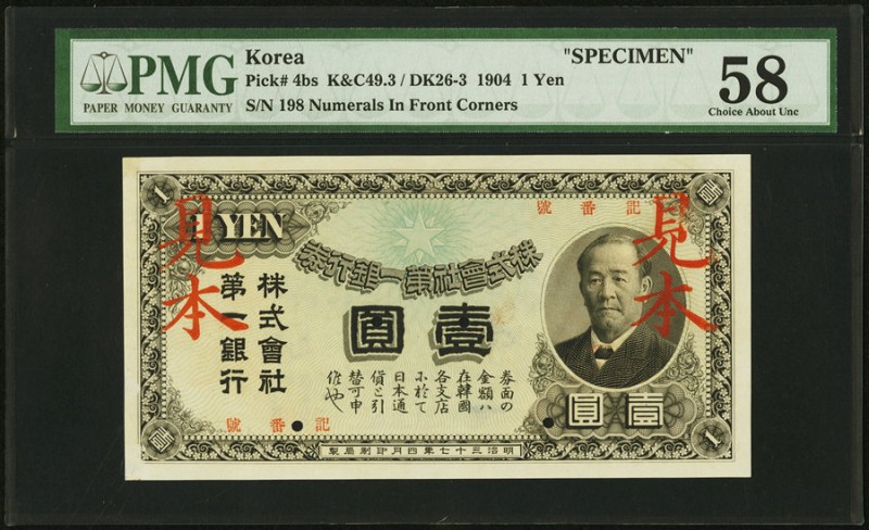 Korea First National Bank of Japan 1904 1 Yen Pick 4bs Specimen PMG Choice About...