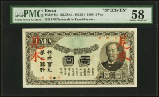 Korea First National Bank of Japan 1904 1 Yen Pick 4bs Specimen PMG Choice About Unc 58. A choice and pleasing example of this rare Specimen, and a ty...