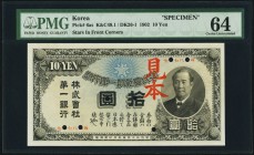 Korea First National Bank of Japan 10 Yen 1902 Pick 6as K&C49.1 / DK26-1 Specimen PMG Choice Uncirculated 64. A beautiful and extremely rare Specimen,...