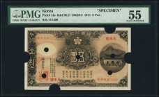Korea Bank of Korea 5 Yen 1911 Pick 14s K&C50.2 / DK29-2 Specimen PMG About Uncirculated 55. A handsome and very rare Specimen, which is currently tie...