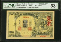 Korea Bank of Chosen 100 Yen 1911 Pick 16As Specimen PMG About Uncirculated 53 Net. An excellent example of this rare and desirable Specimen from the ...