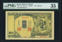 Korea Bank of Chosen 100 Yen ND (1914) Pick 16A K&C51.1 / DK30-1 PMG Choice Very Fine 35. The Japanese style serial number is seen on this highest den...