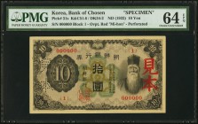 Korea Bank of Chosen 10 Yen ND (1932) Pick 31s Specimen PMG Choice Uncirculated 64 EPQ. A Specimen example from Japanese occupied Korea. The character...