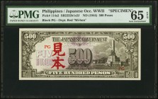 Philippines Japanese Occupation 500 Pesos ND (1944) Pick 114s2 Specimen PMG Gem Uncirculated 65 EPQ. A scarce Specimen from the Japanese occupied Phil...